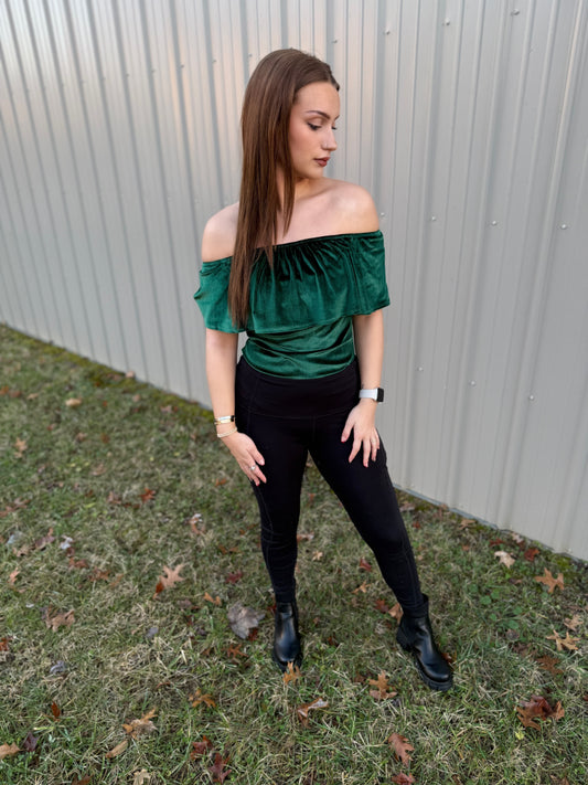 Green "off the shoulder " bodysuit