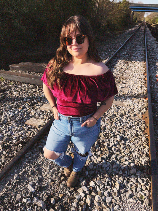 Velvet off shoulder bodysuit