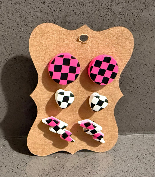 3 color checkered earrings set