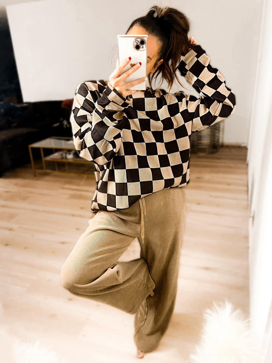 Checkered corded crewneck