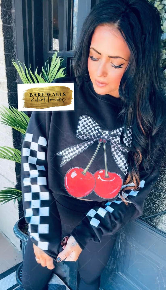 Checkered cherry bow crewneck