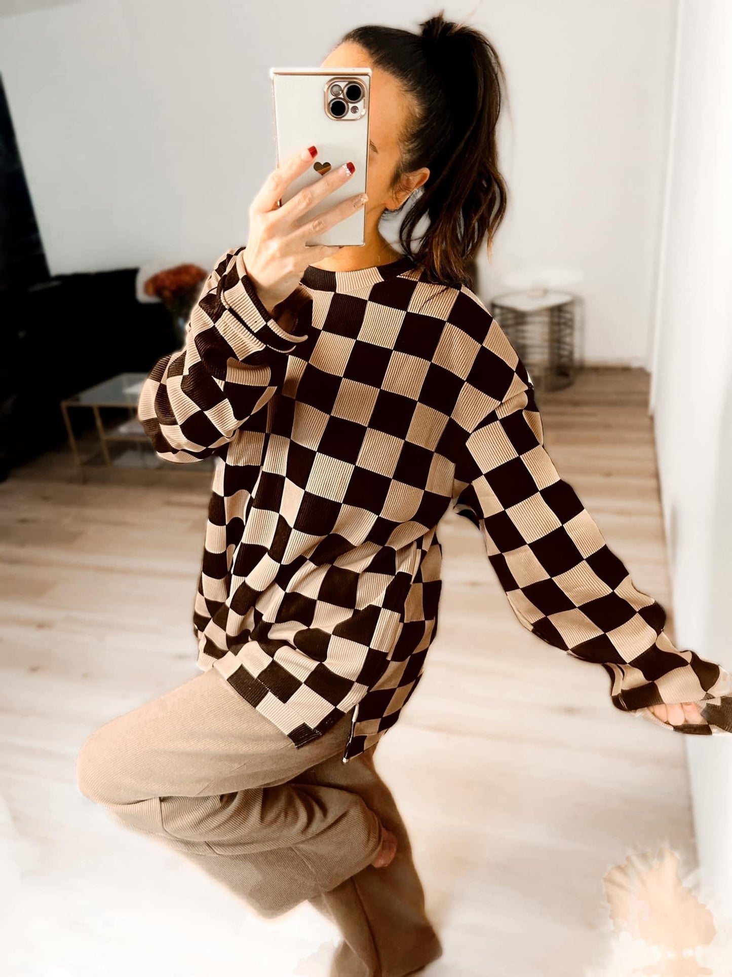 Checkered corded crewneck