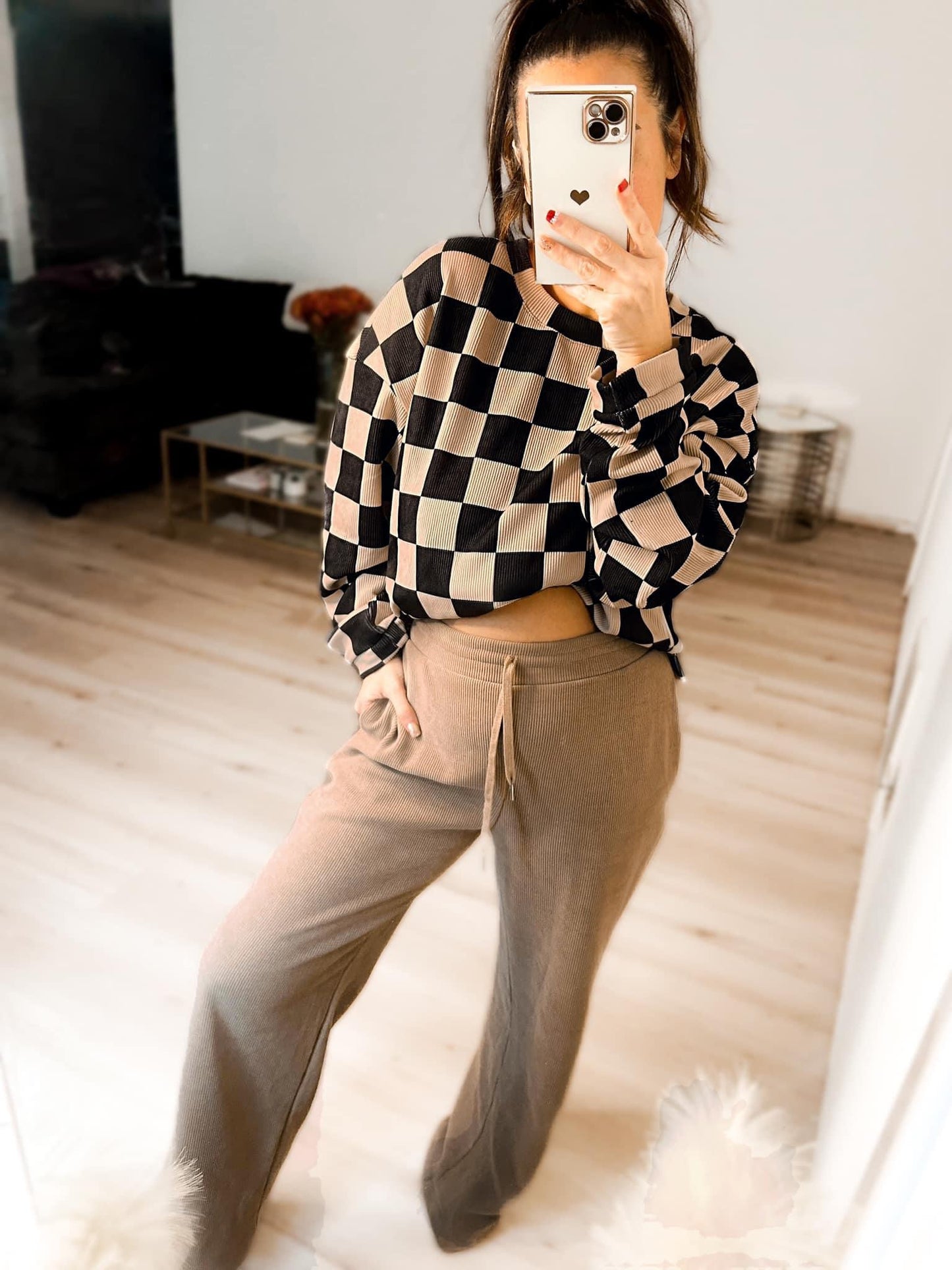 Checkered corded crewneck
