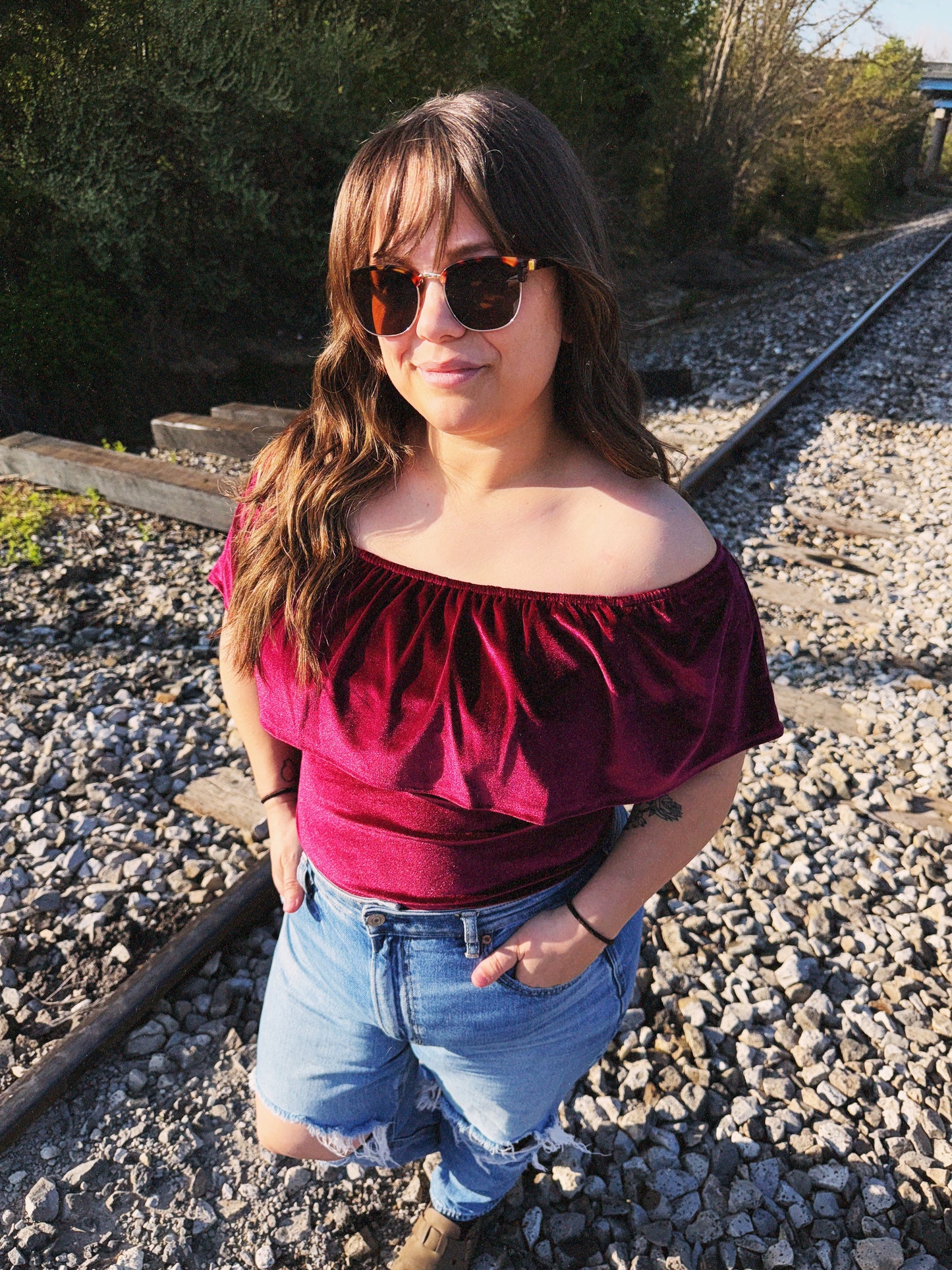 Velvet off shoulder bodysuit